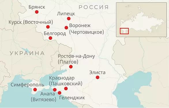 Карта закрытых аэропортов на Юге РФ